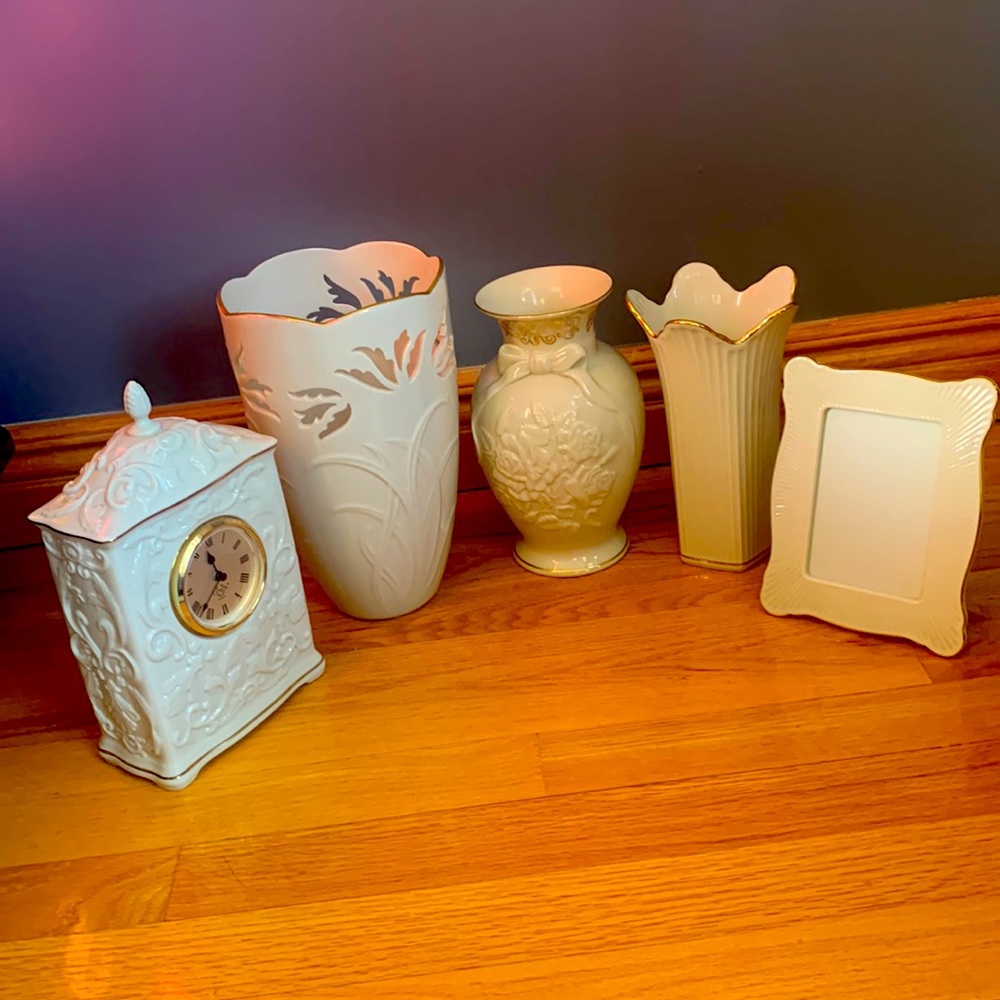 Lenox Bundle: 3 vases, clock and frame